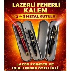 LAZER KALEM LED IŞIKLI TÜKENMEZ KALEM  METAL KUTUDA 